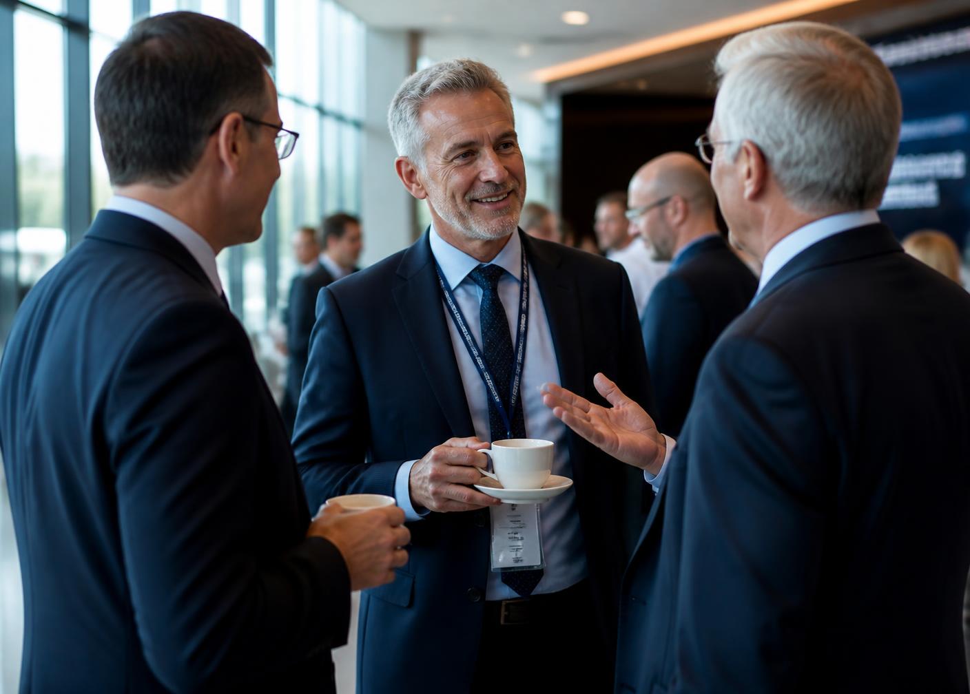 Executivos em conversa durante o networking do evento